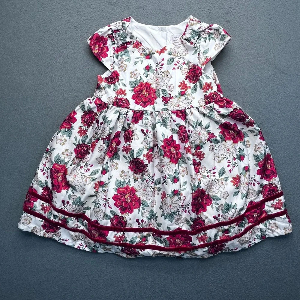 Catherine Malandrino Girls Floral Bubble Hem Dress Red‎ White Velvet Trim Size 4